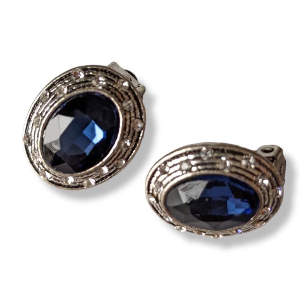 Blue crystal silver tone clip-on earrings